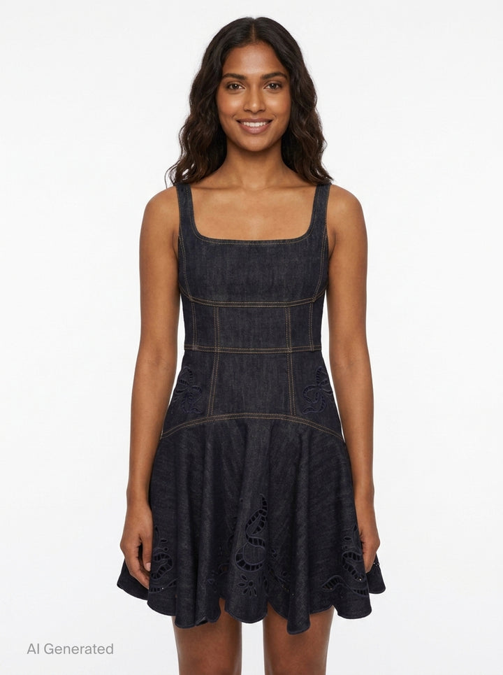 Indigo Denim Broderie Dress | Self-Portrait | Club21 - front