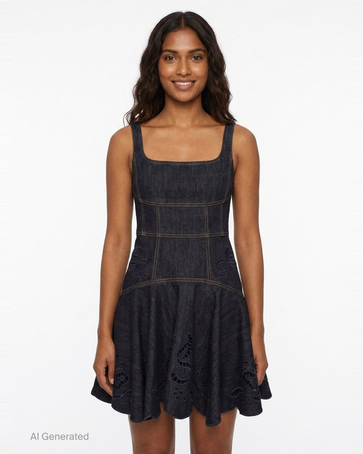 Indigo Denim Broderie Dress | Self-Portrait | Club21 - front