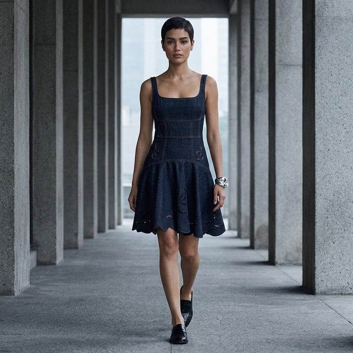 Indigo Denim Broderie Dress | Self-Portrait | Club21 - lifestyle