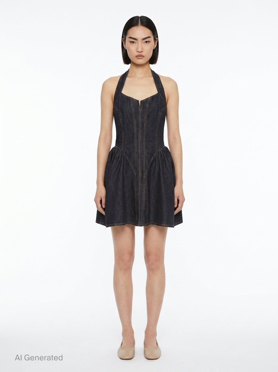 Indigo Denim Halterneck Flared Dress | Self-Portrait | Club21 - front