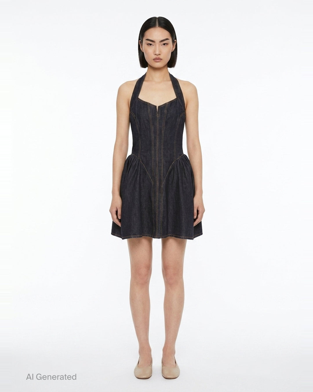 Indigo Denim Halterneck Flared Dress | Self-Portrait | Club21 - front