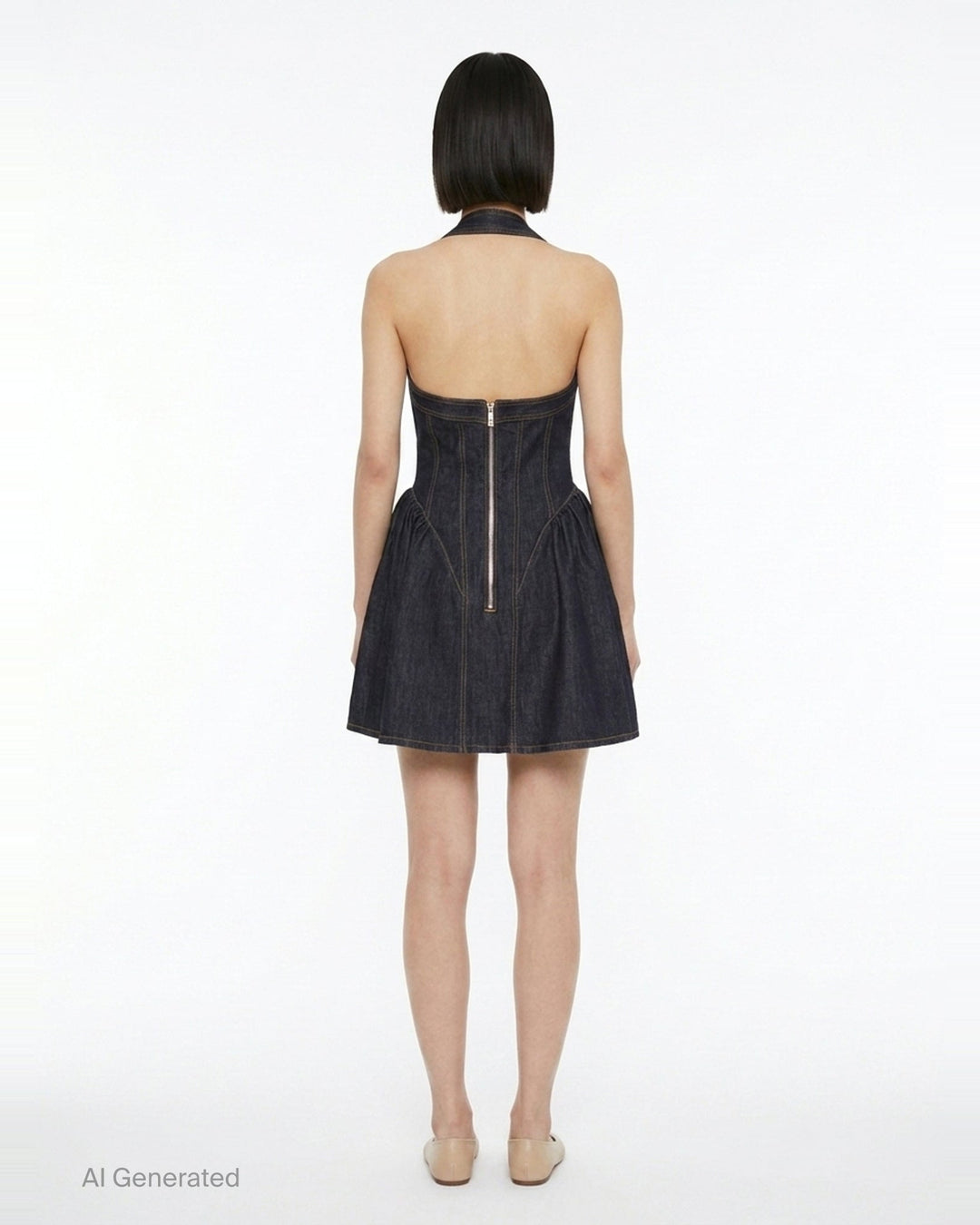 Indigo Denim Halterneck Flared Dress | Self-Portrait | Club21 - back