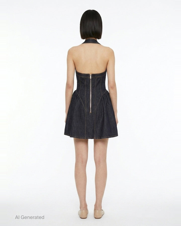 Indigo Denim Halterneck Flared Dress | Self-Portrait | Club21 - back