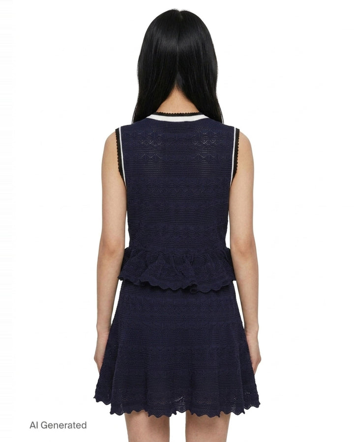 Navy Peplum Pointelle Knit Mini Dress | Self-Portrait | Club21 - back