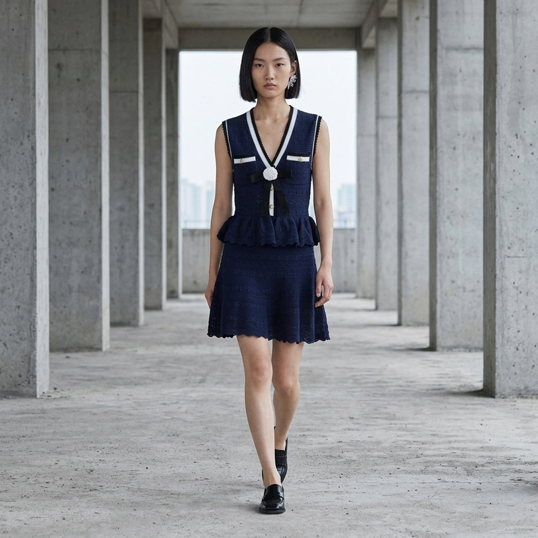Navy Peplum Pointelle Knit Mini Dress | Self-Portrait | Club21 - lifestyle