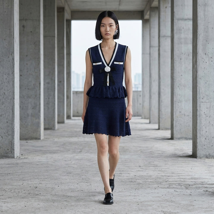 Navy Peplum Pointelle Knit Mini Dress | Self-Portrait | Club21 - lifestyle