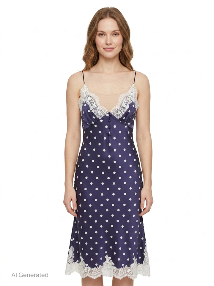 Navy Polka Dot Satin Midi Dress | Self-Portrait | Club21 - front