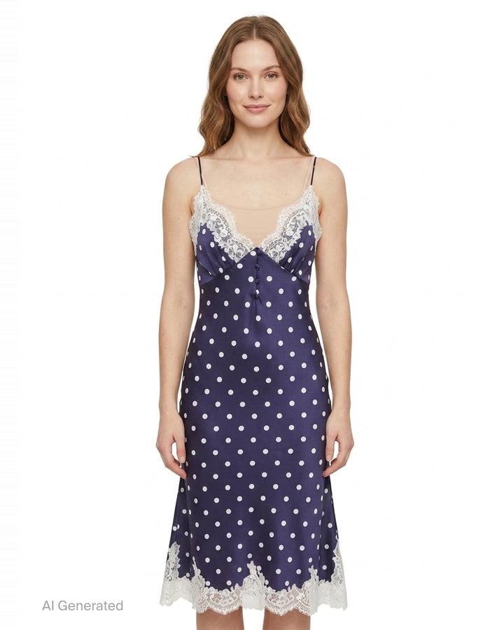 Navy Polka Dot Satin Midi Dress | Self-Portrait | Club21 - front