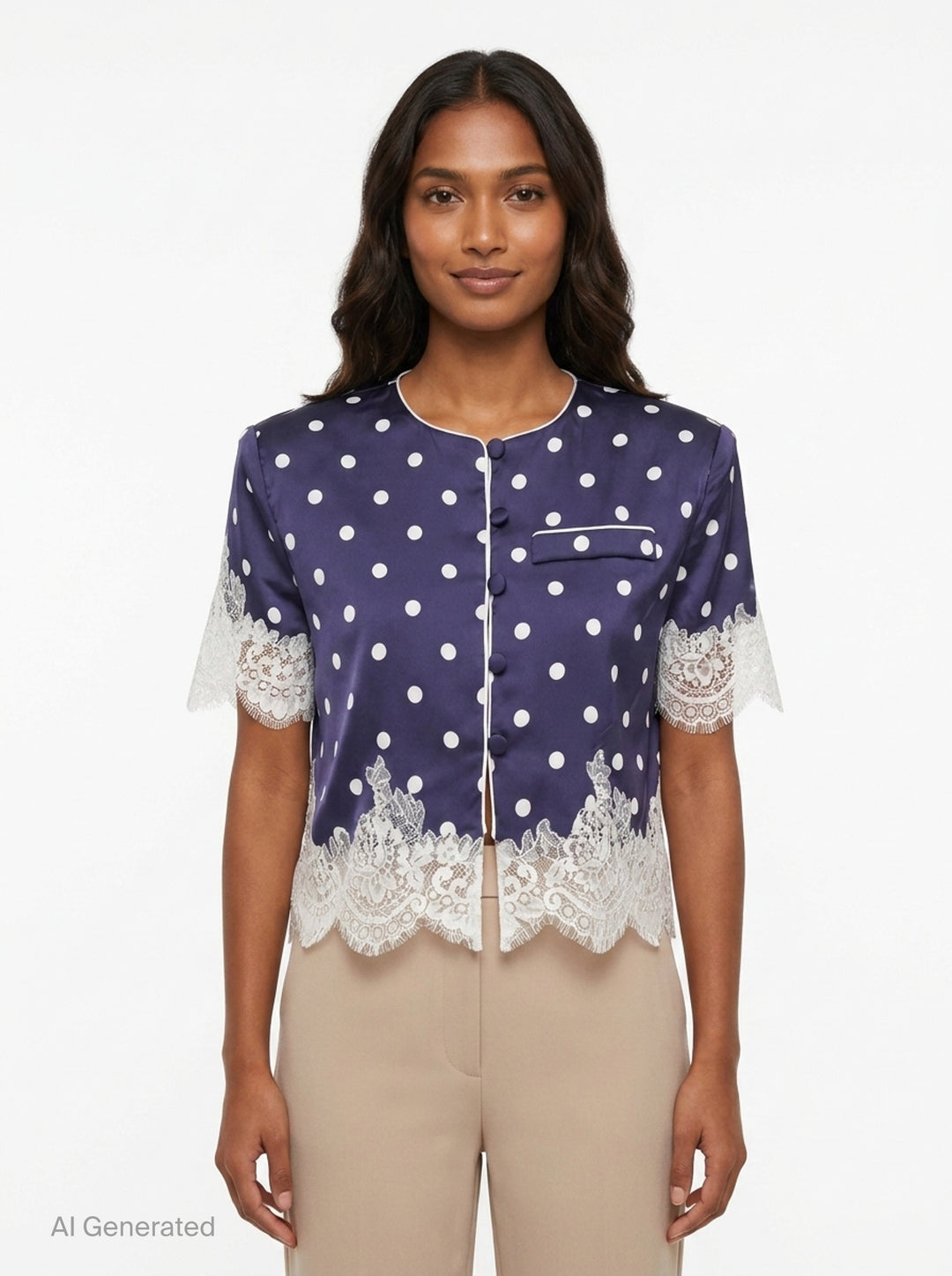 Navy Polka Dot Satin Top | Self-Portrait | Club21 - front