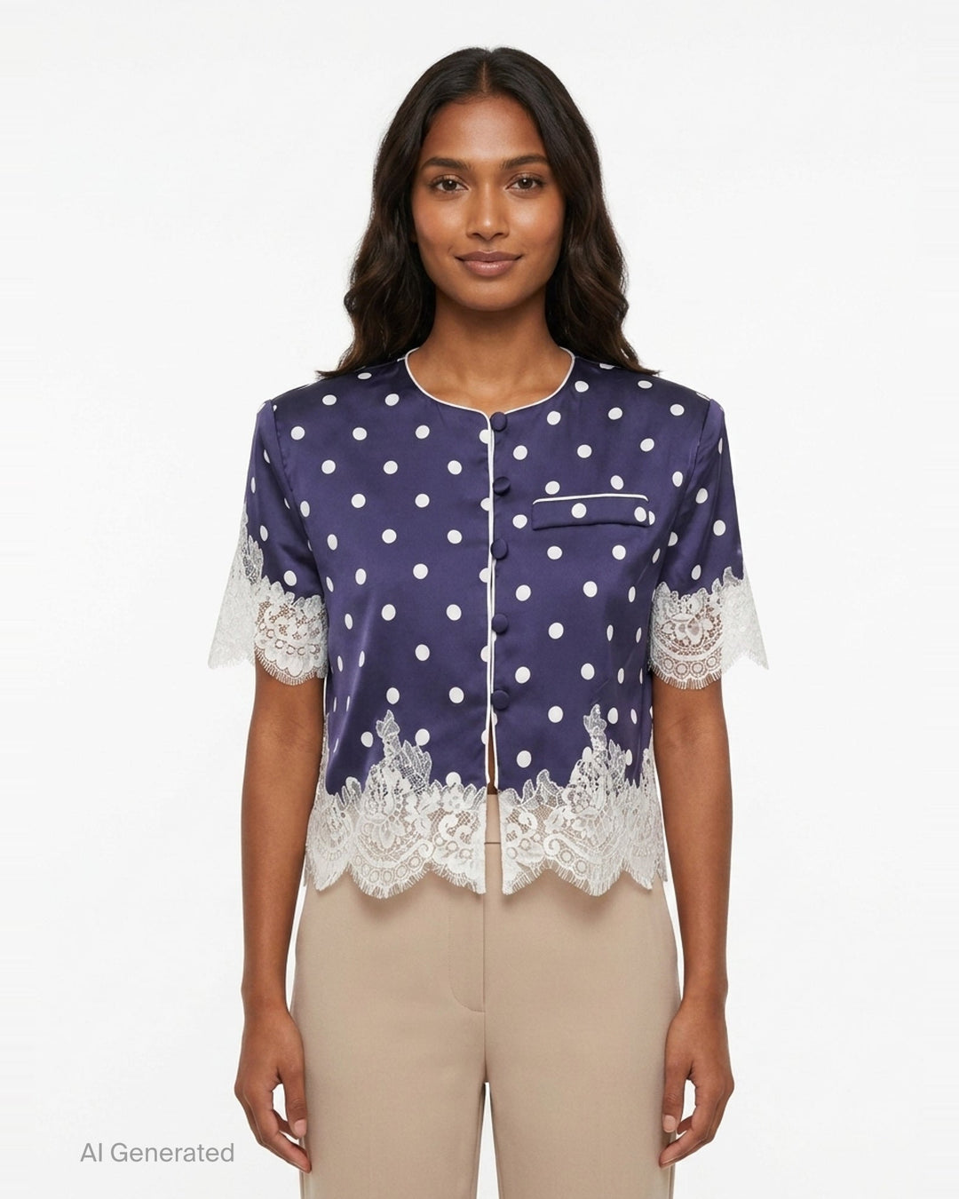 Navy Polka Dot Satin Top | Self-Portrait | Club21 - front