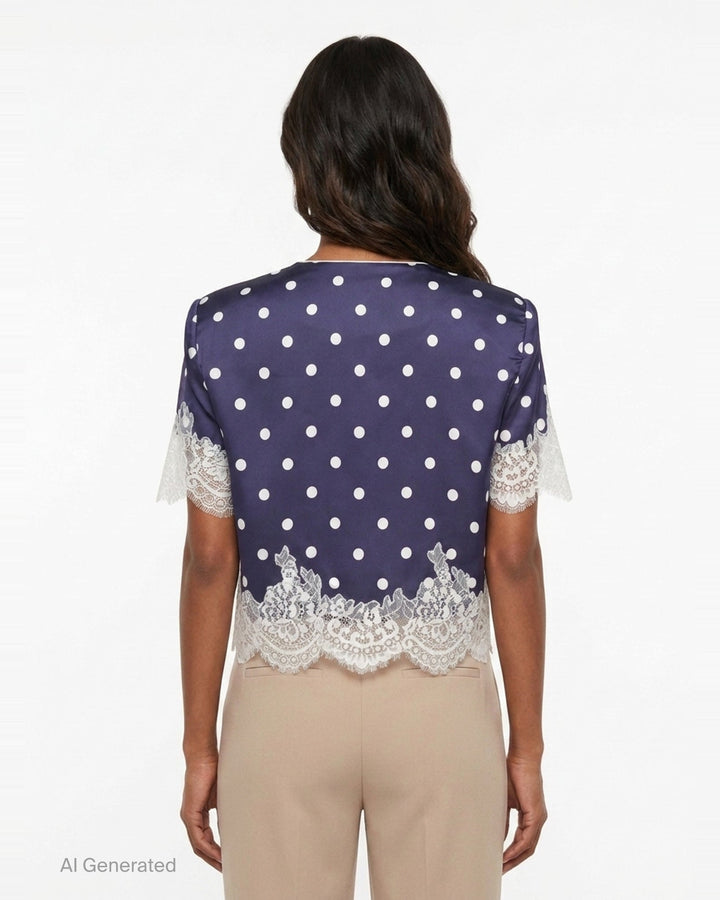 Navy Polka Dot Satin Top | Self-Portrait | Club21 - back