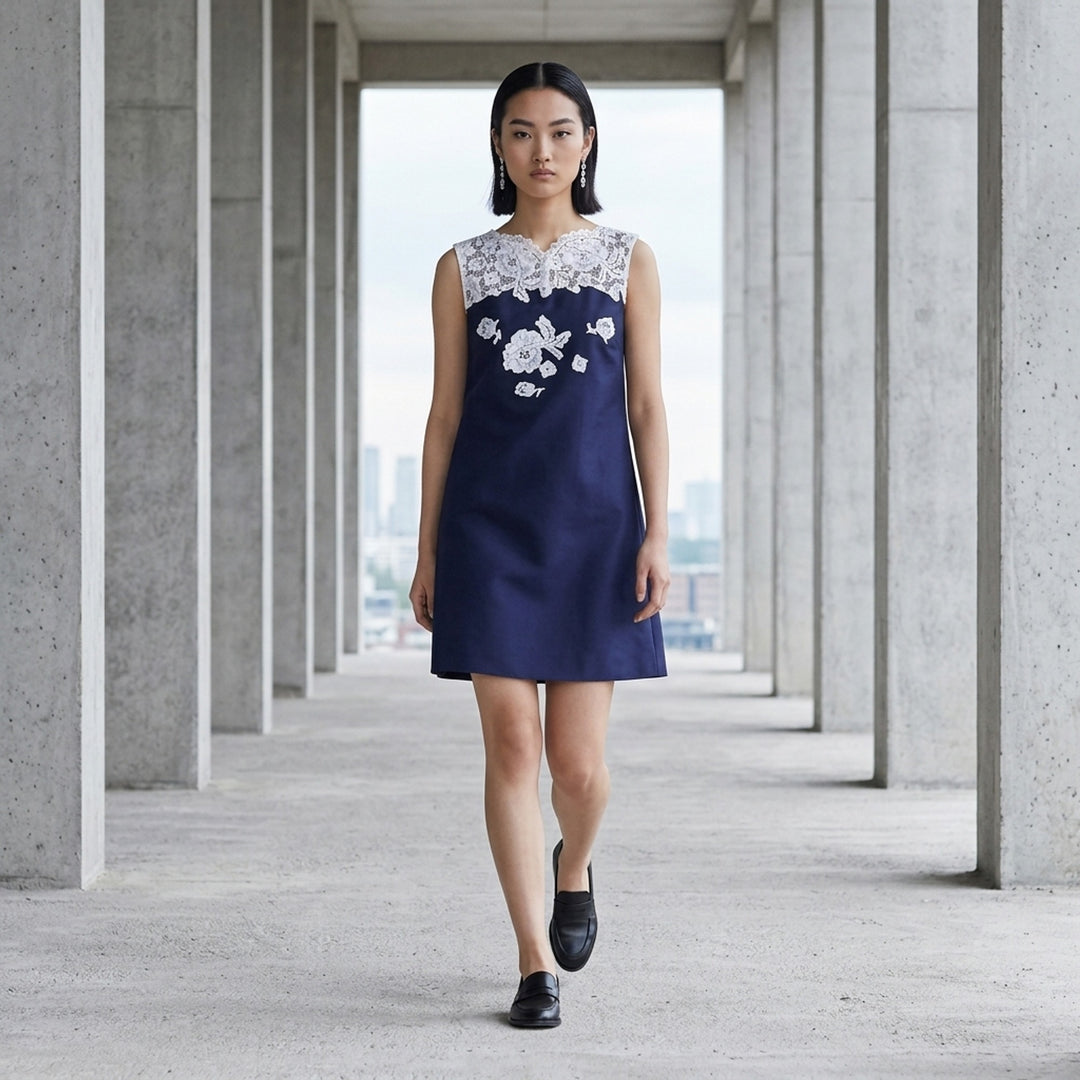 Navy Taffeta Lace Mini Dress | Self-Portrait | Club21 - lifestyle