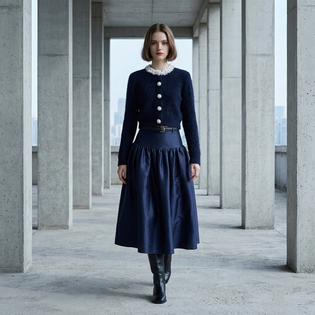 Navy Taffeta Midi Skirt | Self-Portrait | Club21 - lifestyle