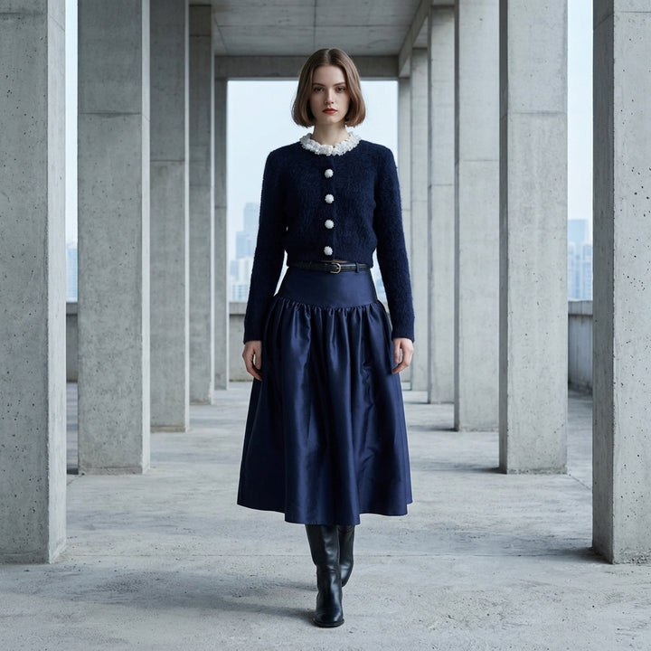 Navy Taffeta Midi Skirt | Self-Portrait | Club21 - lifestyle