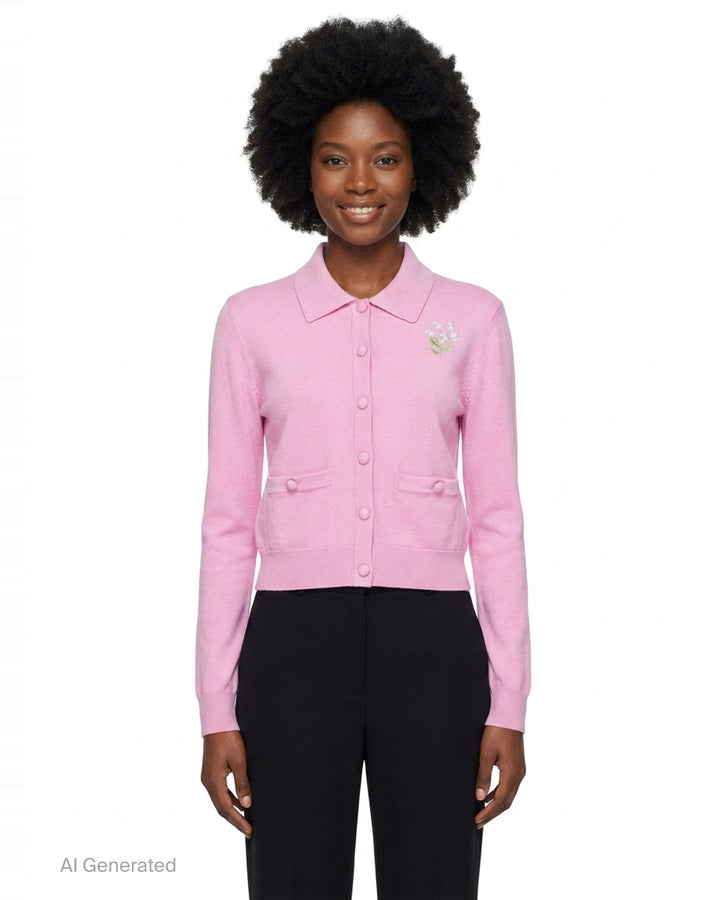 Pink Flower Embroidered Knit Cardigan | Self-Portrait | Club21 - front
