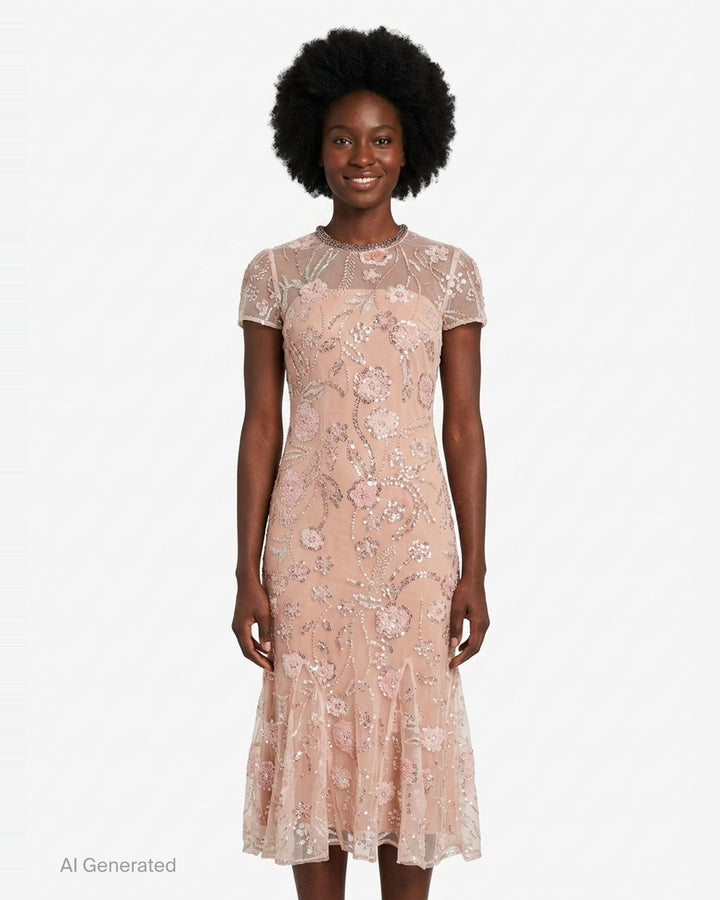 Pink Flower Sequin Midi Dress | Self-Portrait | Club21 - front