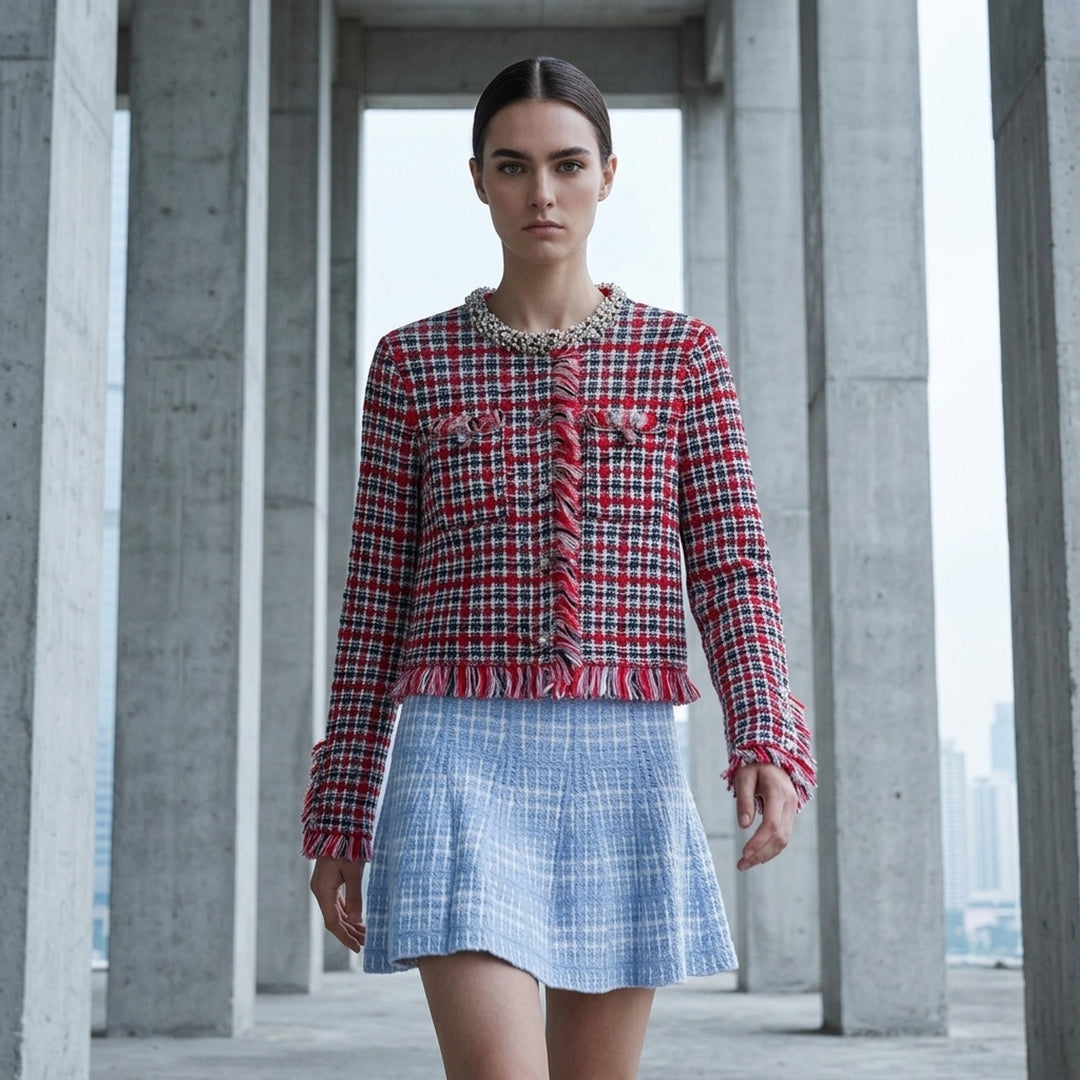 Red Check Frayed Knit Jacket | Self-Portrait | Club21 - lifestyle