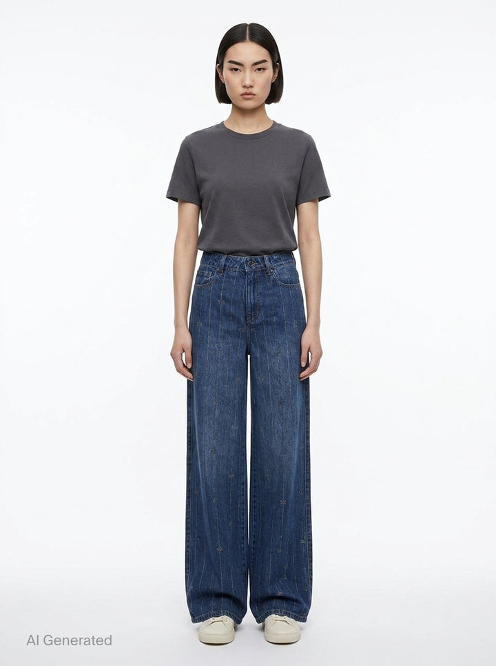Rhinestone Stripe Wide-Leg Jeans | Self-Portrait | Club21 - front