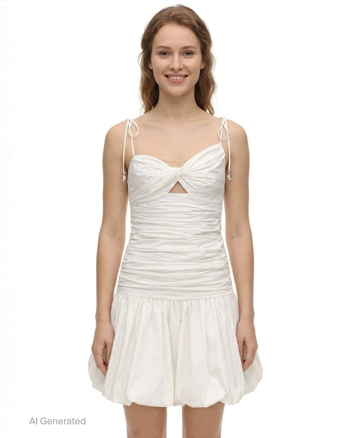 White Cotton Gathered Midi Dress | Self-Portrait | Club21 - front