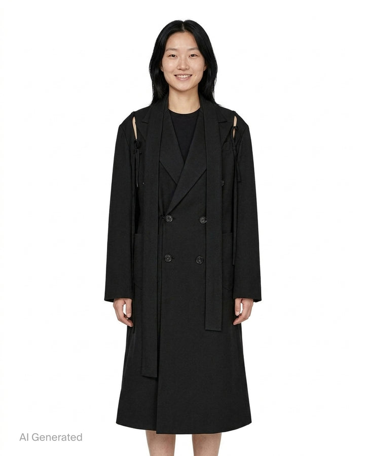Setchu cady kimono shirt in cream with an integrated neck tie, button placket and long sleeves - front