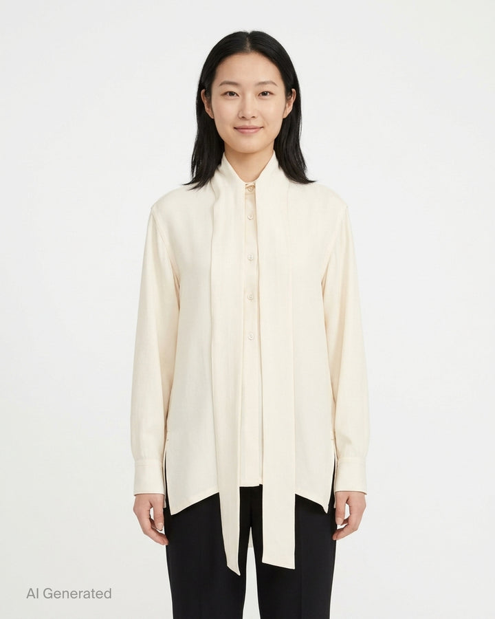 Setchu cady kimono shirt in cream with an integrated neck tie, button placket and long sleeves - front