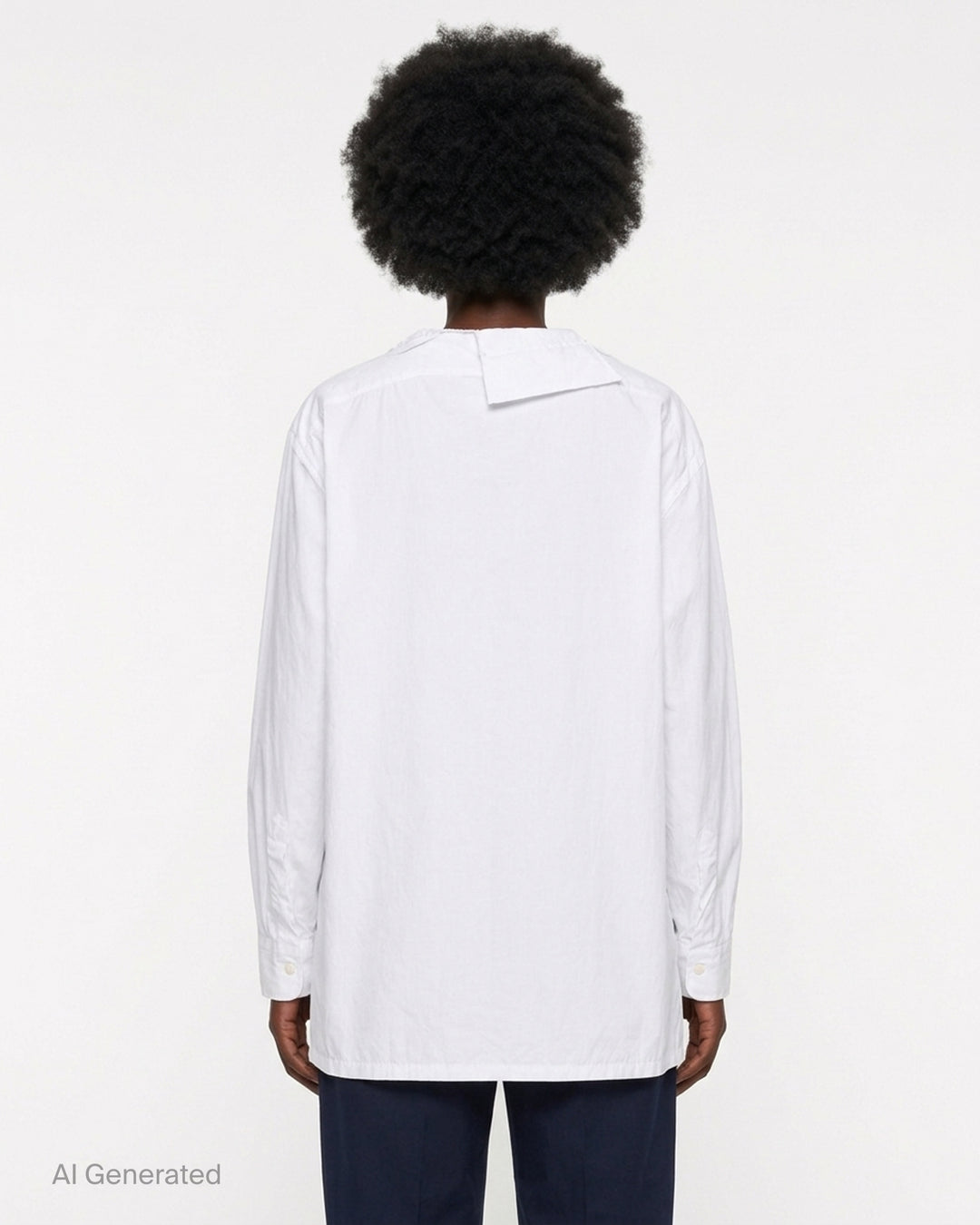 Setchu white cotton shirt with asymmetric folded collar, offset double-breasted button placket and oversized long sleeves - back