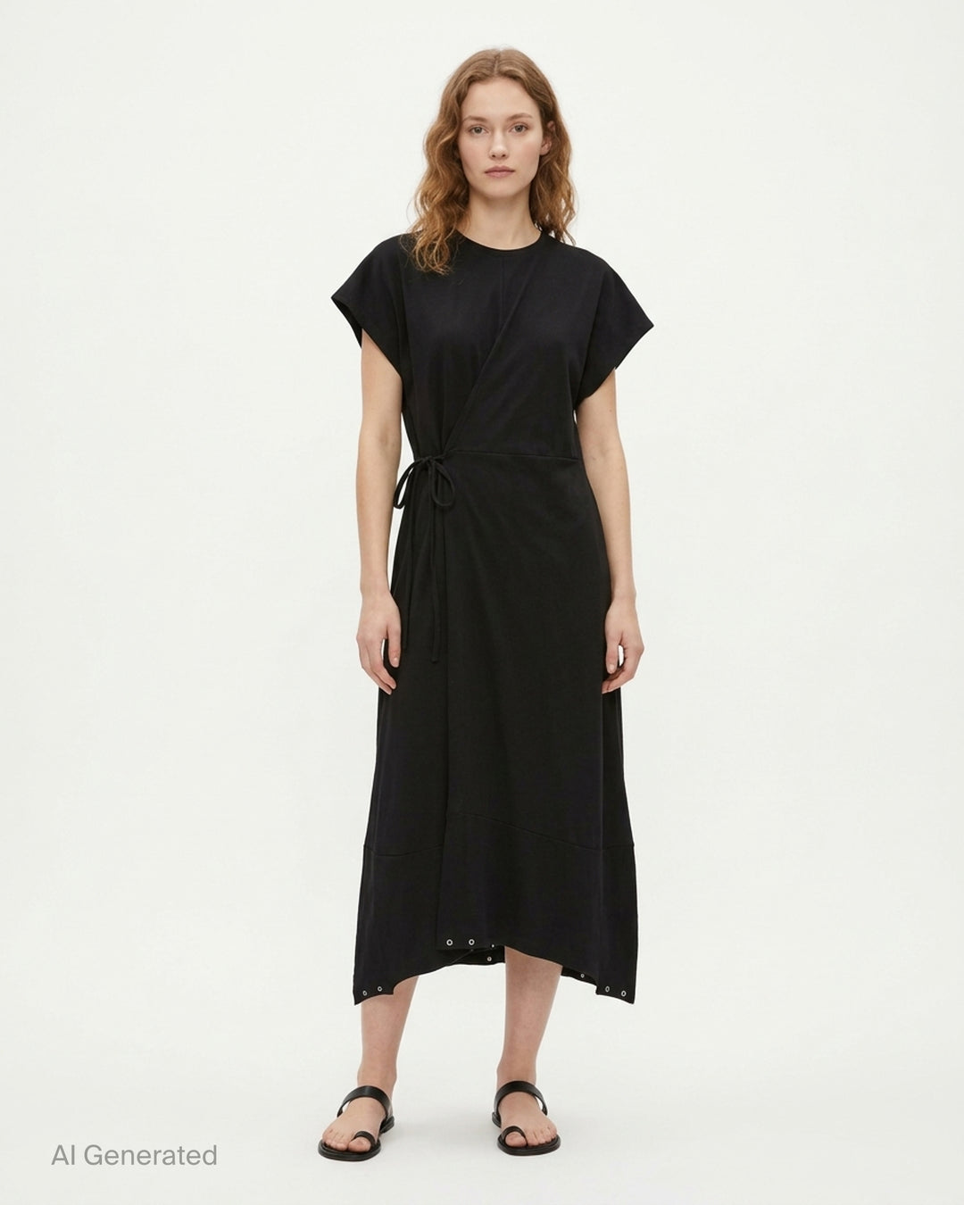 Setchu Makimono black maxi dress with cap sleeves, centre front seam, side drawcord and eyelet-trimmed hem - front