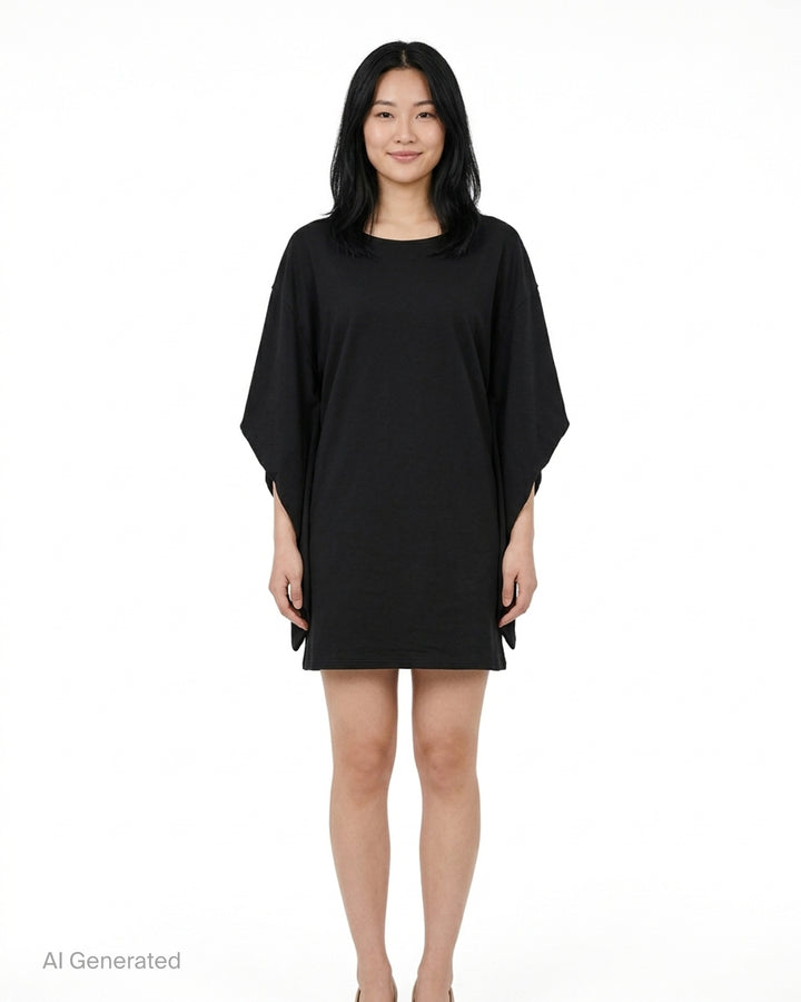 Setchu Origami Jersey Dress in black with folded sculptural sleeves, scoop neckline and relaxed oversized fit - front