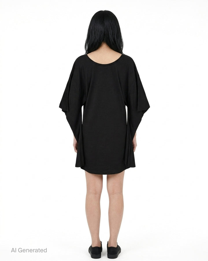 Setchu Origami Jersey Dress in black with folded sculptural sleeves, scoop neckline and relaxed oversized fit - back