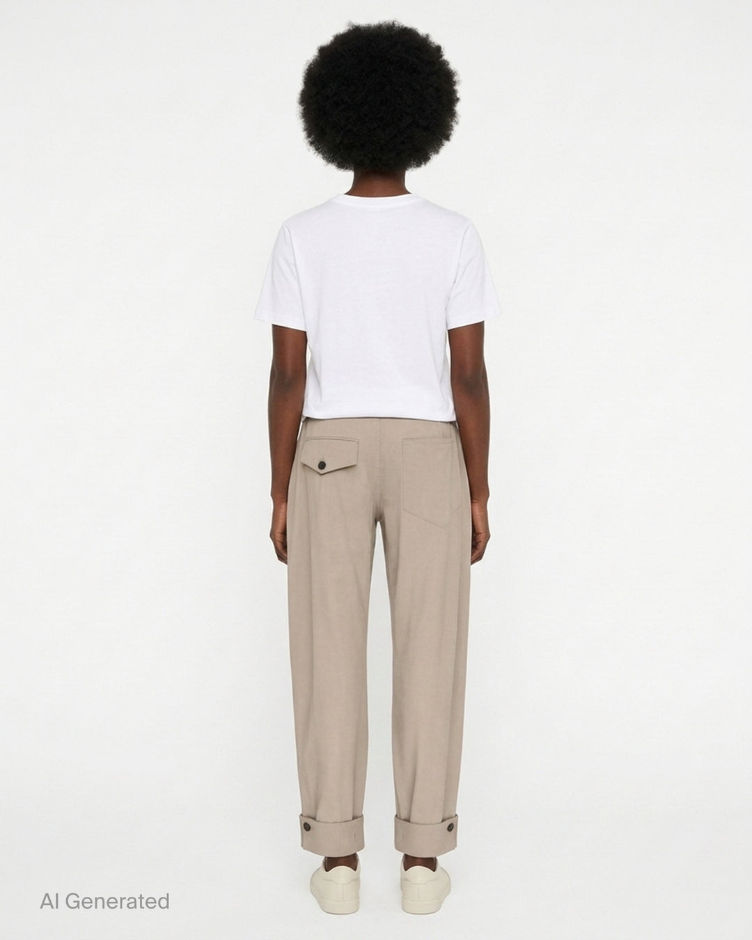 Setchu Origami Pants 2 in a stone-toned wool-cotton blend, shown front view with pleated waist, button fly and button-tab cuffs - back