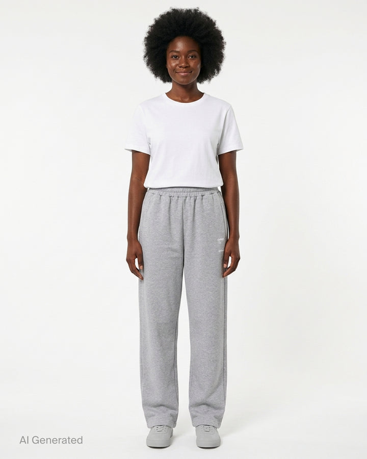 Setchu wide-leg sweatpants in heather grey with an elasticated waistband and small white logo print, shown from the front - front
