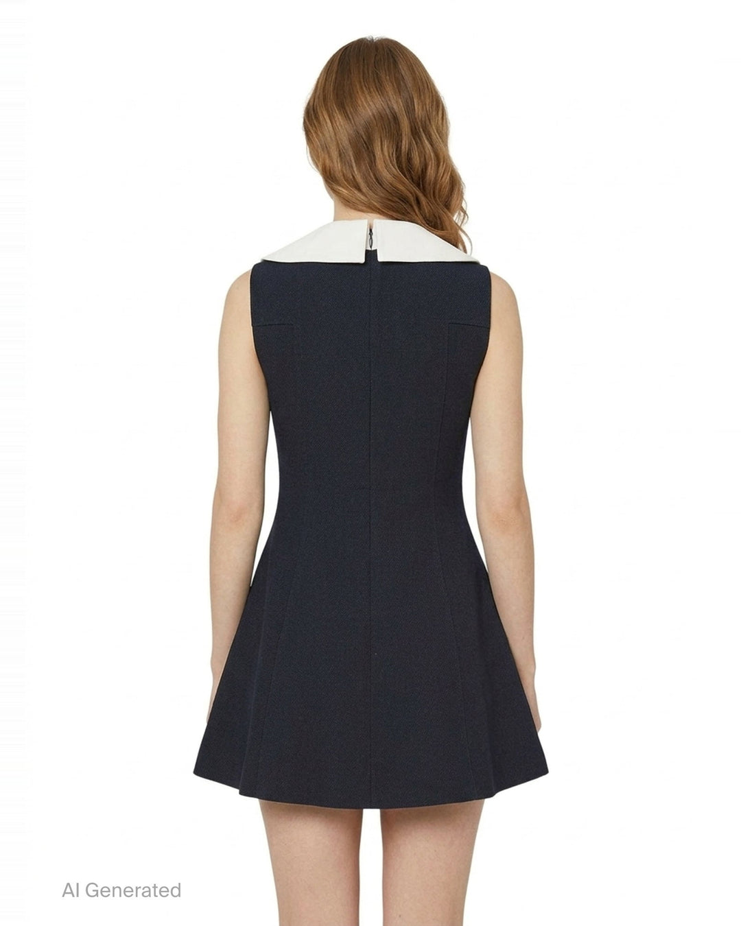 SHUSHU/TONG navy structured mini dress with oversized white Peter Pan collar, fitted bodice, flared A-line skirt, and back zip closure - back