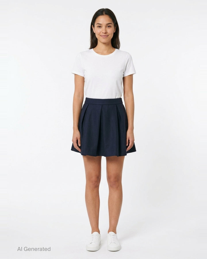 SHUSHU/TONG Pleated Mini Skirt in deep navy, featuring a fitted waistband, front pleat, and full voluminous flared hem, shown flat on a white background - front