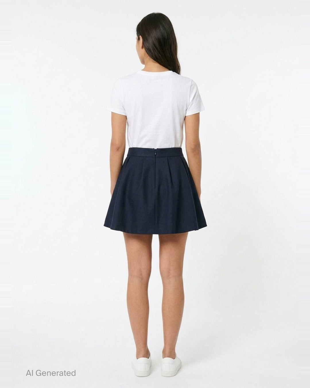 SHUSHU/TONG Pleated Mini Skirt in deep navy, featuring a fitted waistband, front pleat, and full voluminous flared hem, shown flat on a white background - back