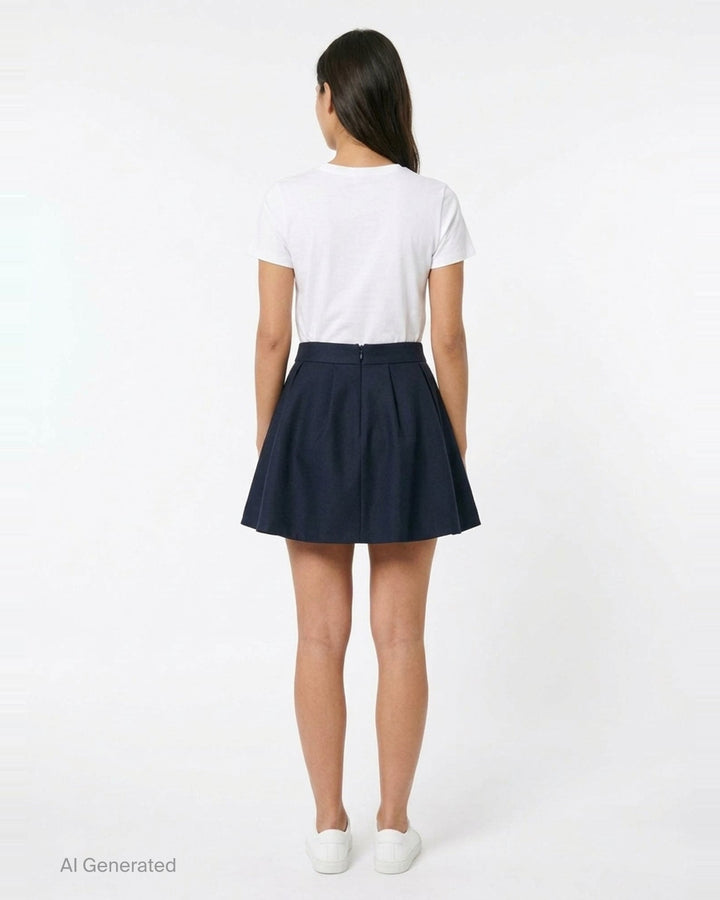 SHUSHU/TONG Pleated Mini Skirt in deep navy, featuring a fitted waistband, front pleat, and full voluminous flared hem, shown flat on a white background - back