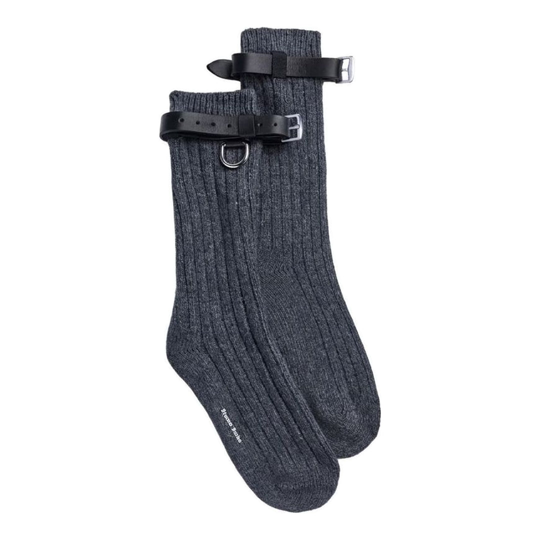 Pair of charcoal grey chunky ribbed wool ankle socks by Simone Rocha with black leather buckle straps and silver hardware - packshot