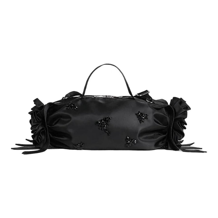 Simone Rocha Double Ribbon Rosette Bag in black satin with beaded floral embellishment, ruffled rosette ends and ribbon tassels - packshot