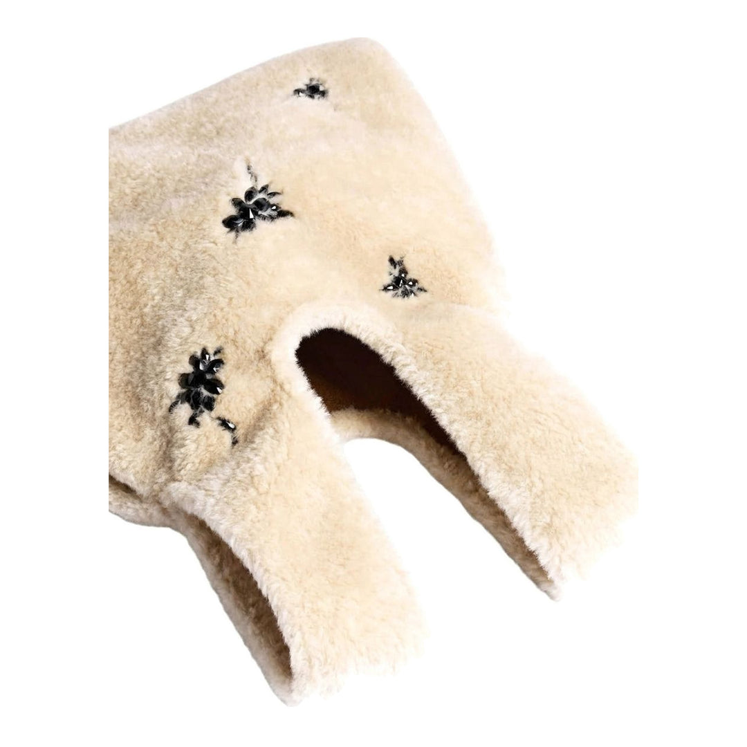 Simone Rocha cream faux fur shopper bag with scattered black crystal floral embellishments and twin top handles - packshot