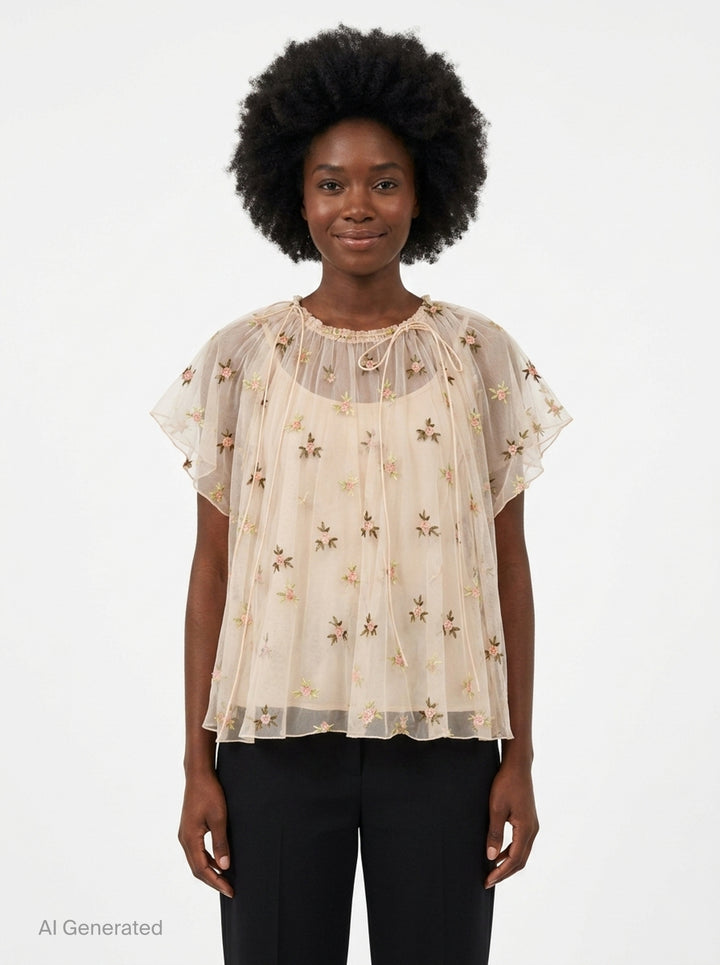 Gathered Cord Rosebud Embroidered Top | Simone Rocha | Club21 - front