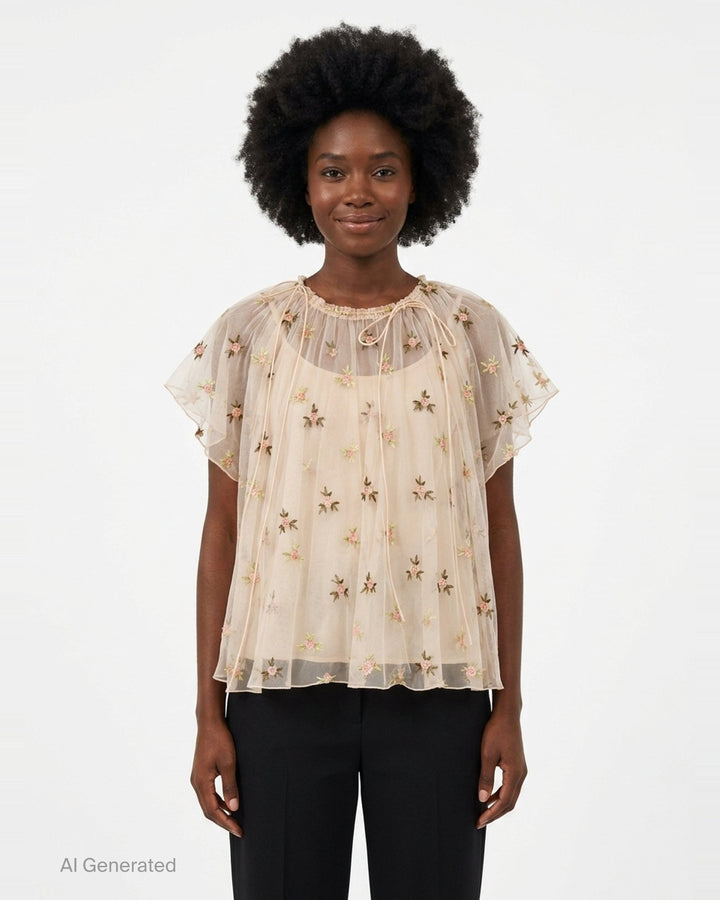 Gathered Cord Rosebud Embroidered Top | Simone Rocha | Club21 - front