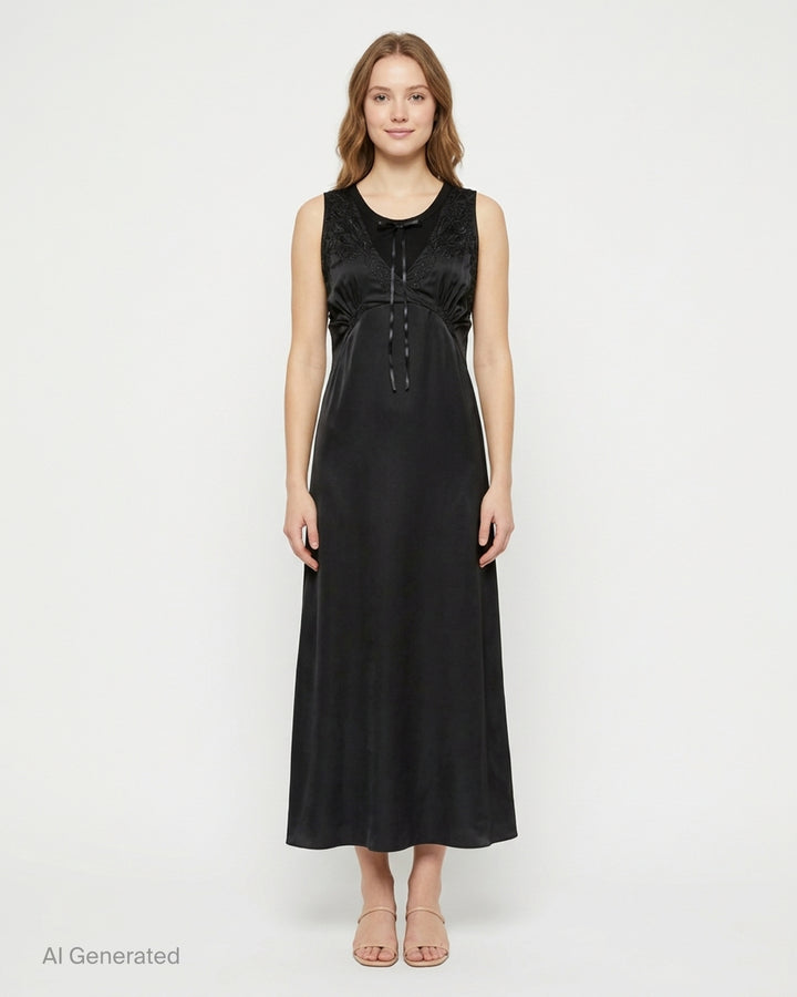 Simone Rocha black patchwork satin negligee dress with embroidered V-neckline, satin ribbon bow and gathered empire waist - front