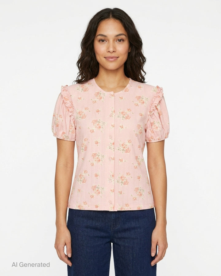 Simone Rocha pink pointelle puff sleeve cardigan with rose floral print, ruffled shoulders and pearly front buttons - front