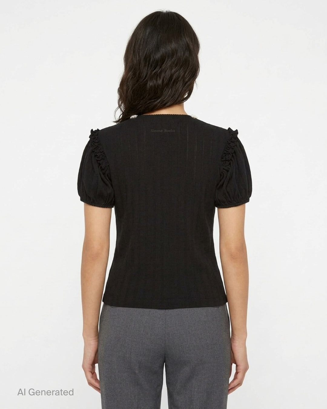 Simone Rocha black pointelle knit cardigan with pearl-trimmed neckline, ruffled puff sleeves and button front - back
