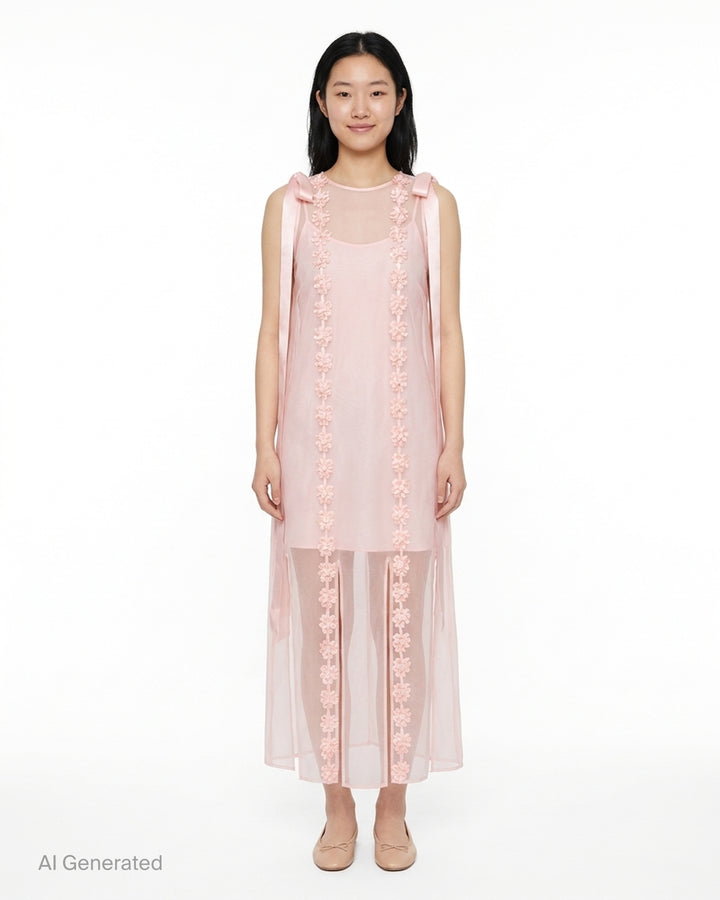 Simone Rocha sheer blush pink midi dress with satin shoulder bows and vertical rows of ribbon rosette embellishment - front