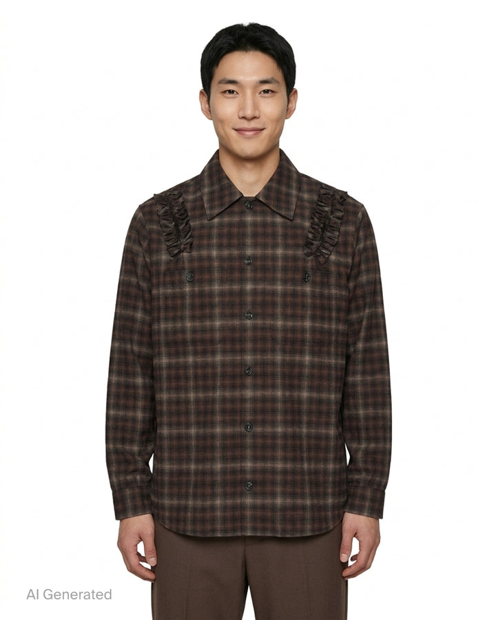 Simone Rocha brown plaid long sleeve flannel shirt with frayed ruffle trims on the shoulders and two chest pockets - front