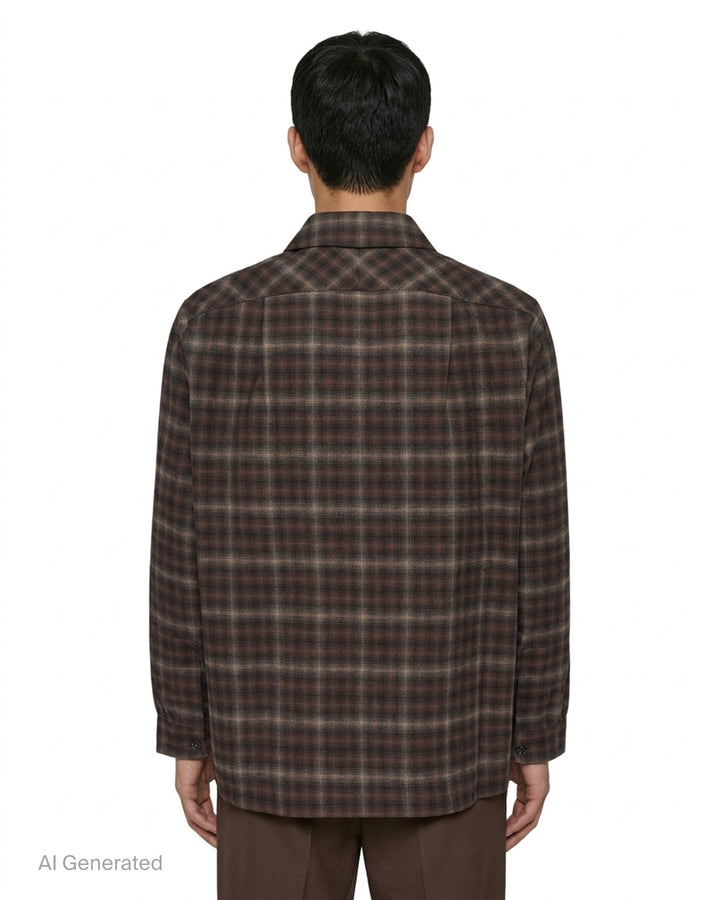 Simone Rocha brown plaid long sleeve flannel shirt with frayed ruffle trims on the shoulders and two chest pockets - back