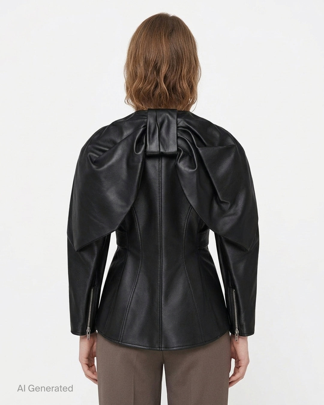 Simone Rocha black sculpted biker jacket with asymmetric zip front, rounded shoulders, flap pockets and wide silver-buckle belt at the waist - back