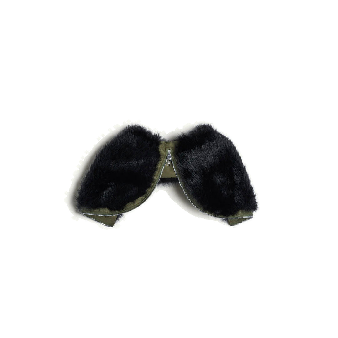 Simone Rocha split hood with black faux fur trim and olive green lining, shown flat with zip edges visible - packshot