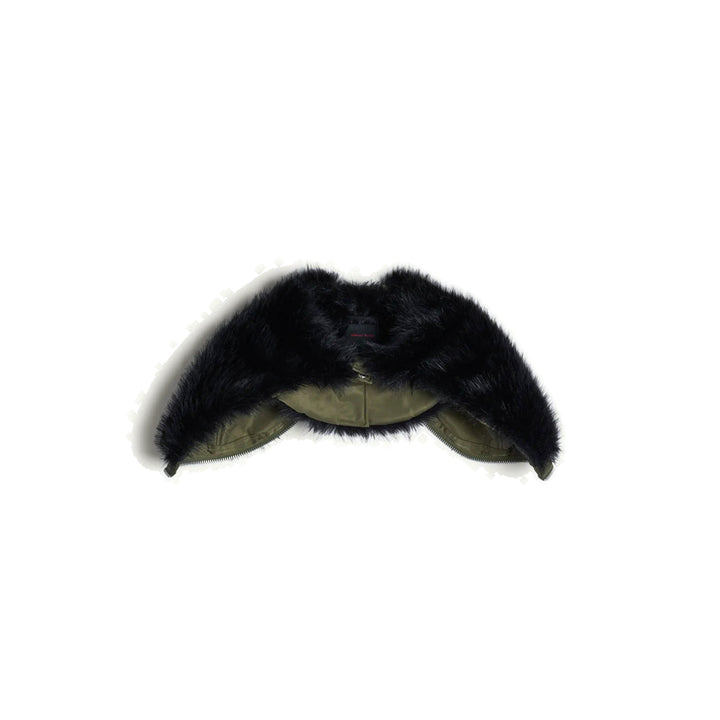 Simone Rocha split hood with black faux fur trim and olive green lining, shown flat with zip edges visible - packshot