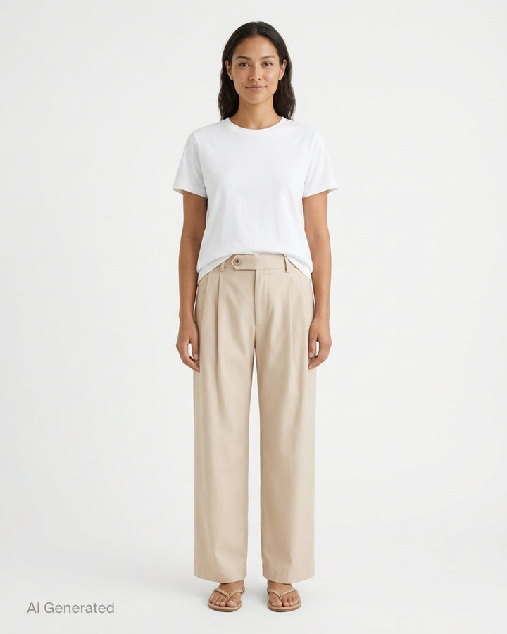 Small Talk Studio double pleat wide-leg trousers in a stone neutral tone, shown front-facing with tab waistband closure - front